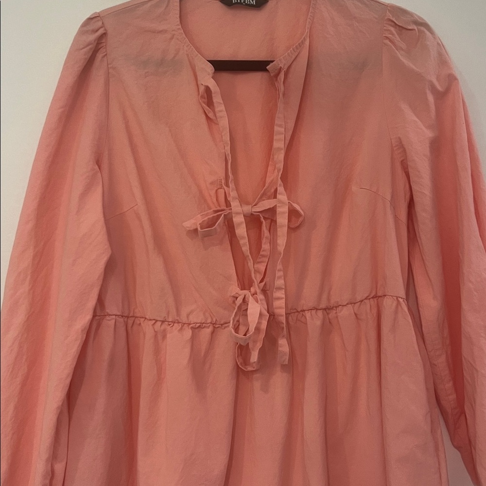 Pink Cotton bow front long sleeve mini dress,puff sleeve, spring, preppy - Picture 7 of 7